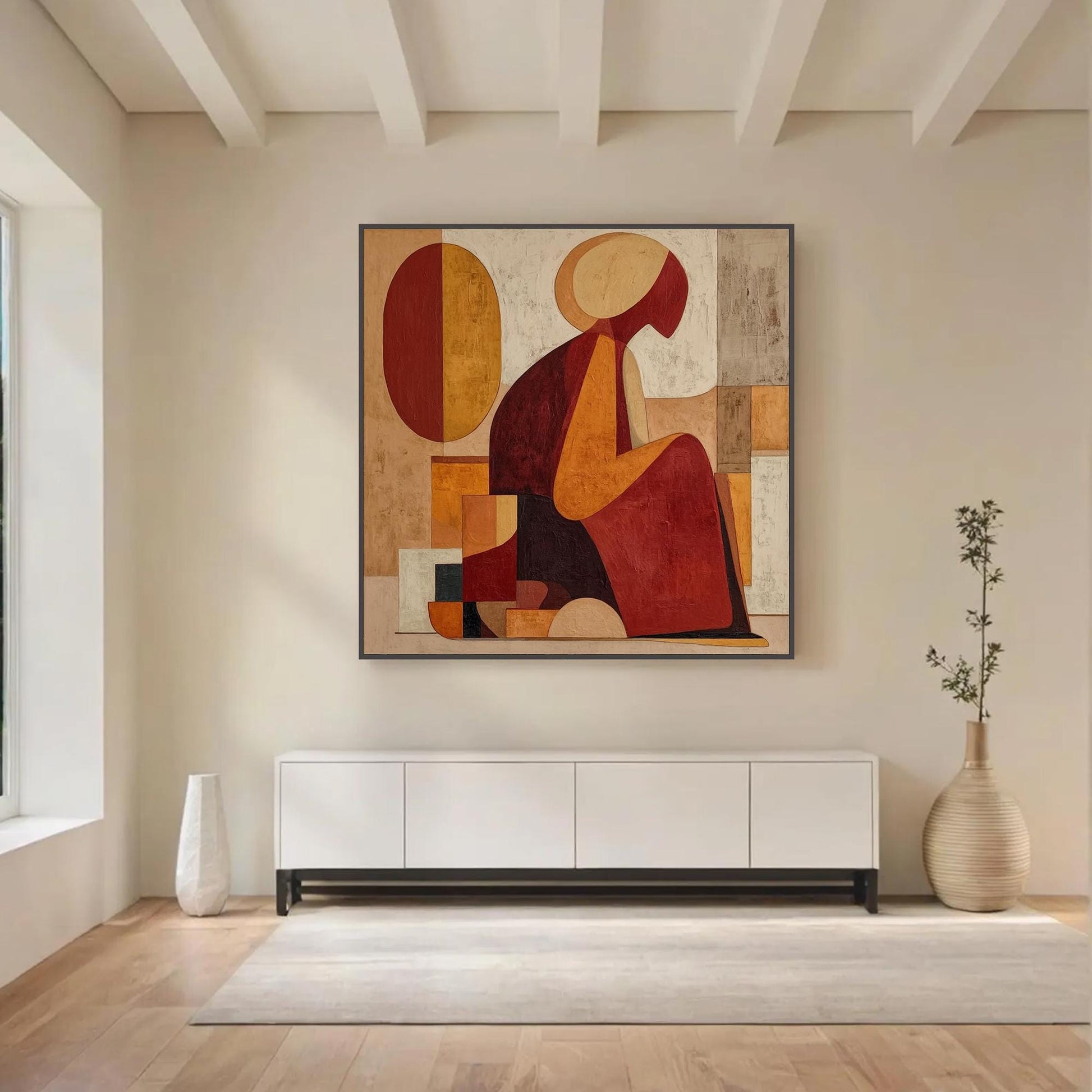 Abstract Woman Figure Painting, Geometric Earth Tone Canvas Art, Bohemian Living Room Decor – Terracotta and Red Figurative F