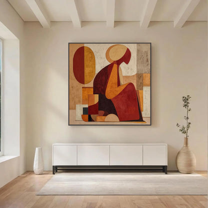 Abstract Woman Figure Painting, Geometric Earth Tone Canvas Art, Bohemian Living Room Decor – Terracotta and Red Figurative F