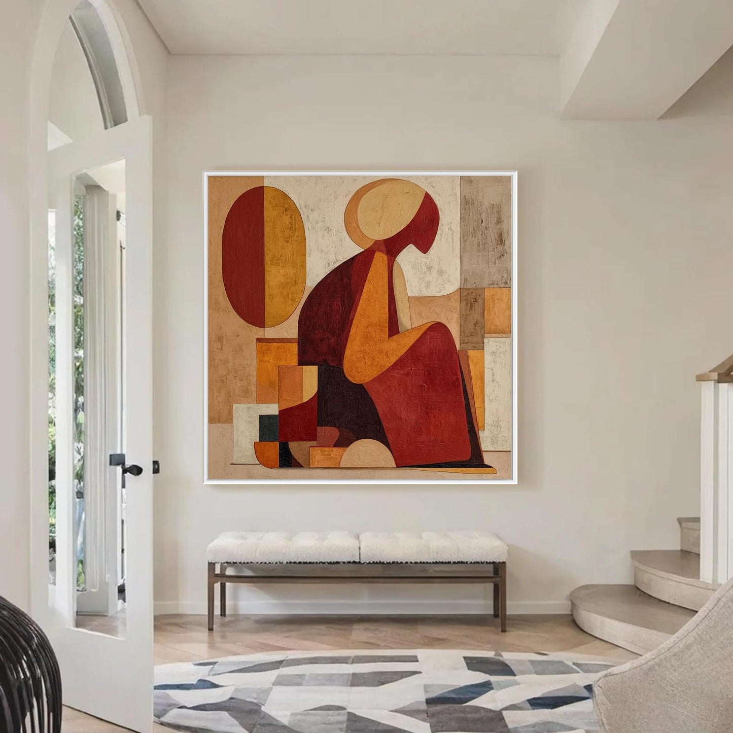 Terracotta and Red Cubist Figure Portrait Wall Art – Abstract Woman Figure Painting