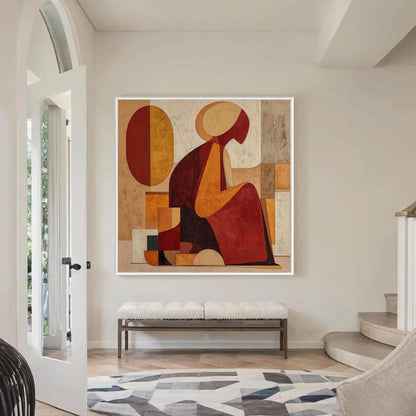 Terracotta and Red Cubist Figure Portrait Wall Art – Abstract Woman Figure Painting
