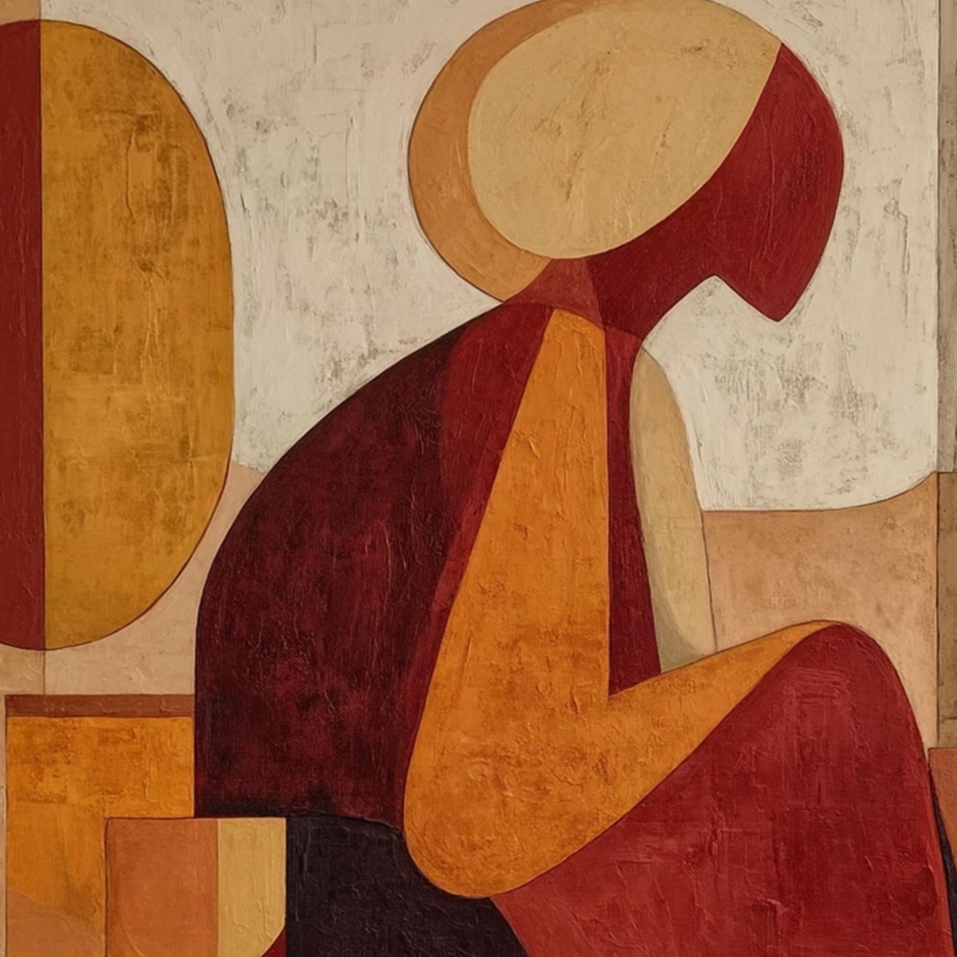 Abstract Woman Figure Painting, Geometric Earth Tone Canvas Art, Bohemian Living Room Decor – Terracotta and Red Figurative F