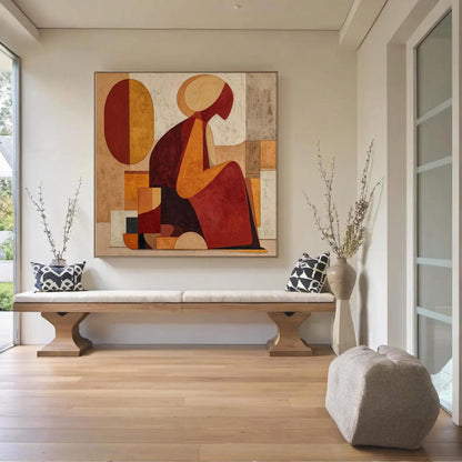 Terracotta and Red Cubist Figure Portrait Wall Art – Abstract Woman Figure Painting