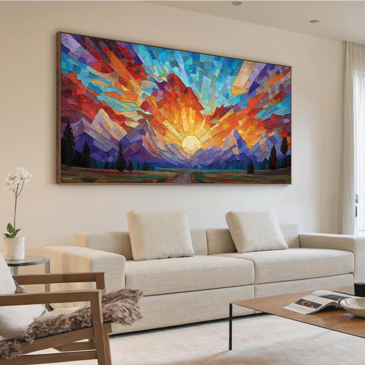 Mosaic Sunset Painting, Geometric Mountain – Orange and Red Sunset Geometric Wall Art | Painting, view 4