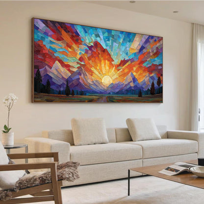 Mosaic Sunset Painting, Geometric Mountain – Orange and Red Sunset Geometric Wall Art | Painting, view 4