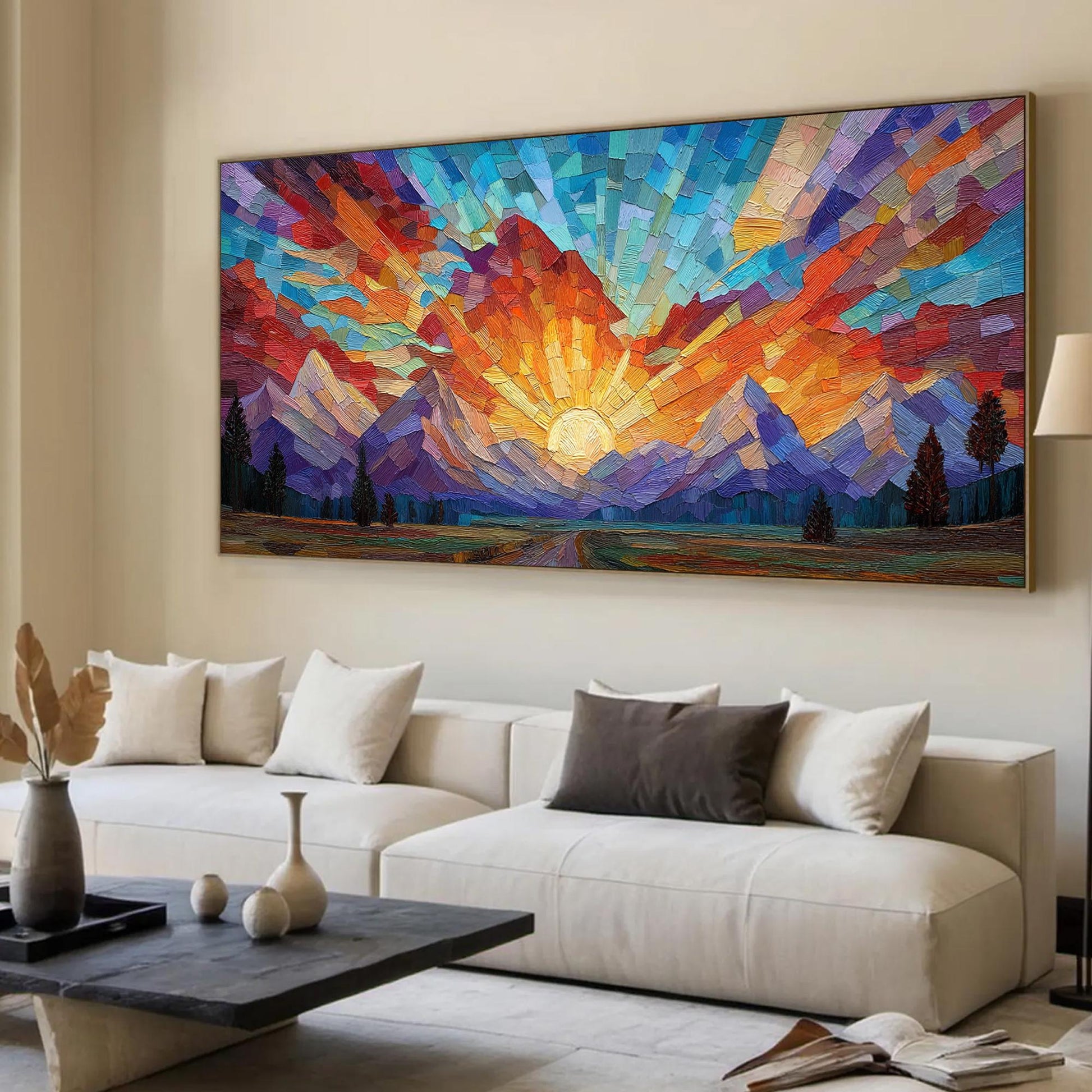 Mosaic Sunset Painting, Geometric Mountain – Orange and Red Sunset Geometric Wall Art | Painting, view 5