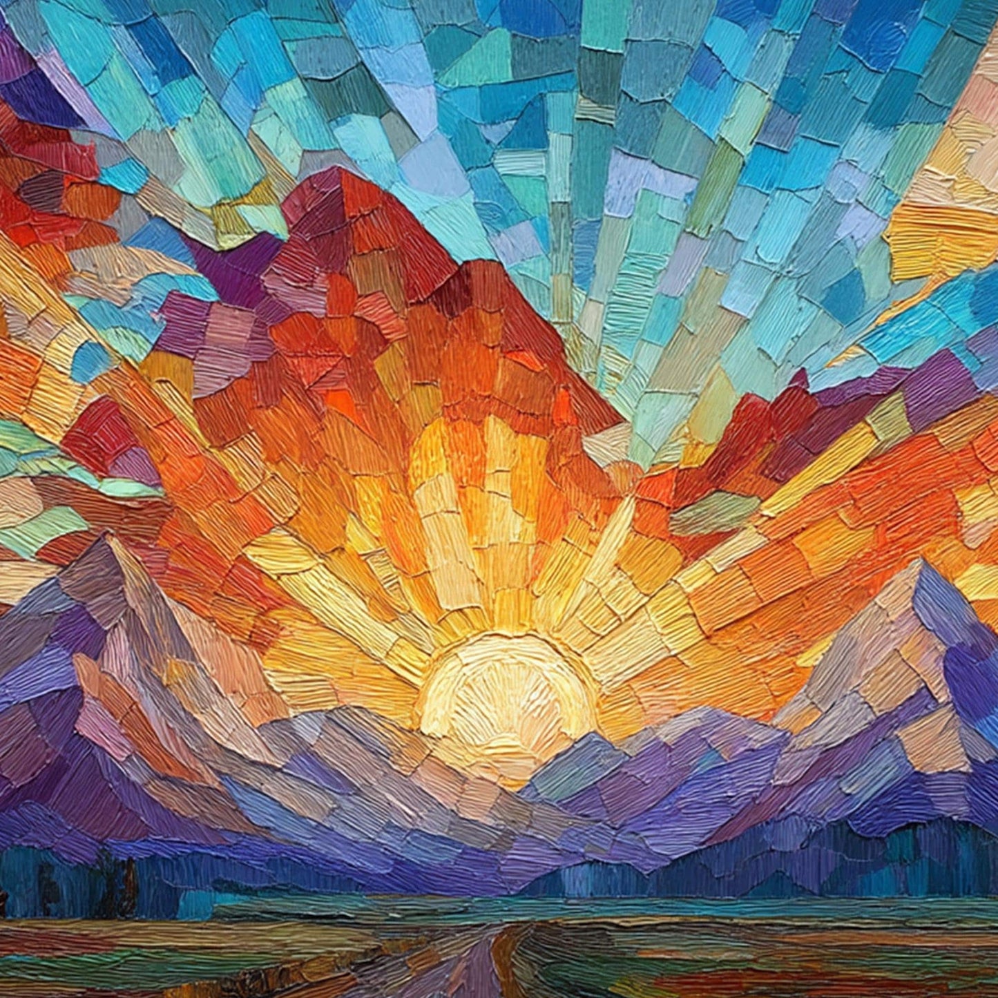 Mosaic Sunset Painting, Geometric Mountain – Orange and Red Sunset Geometric Wall Art | Painting, view 3