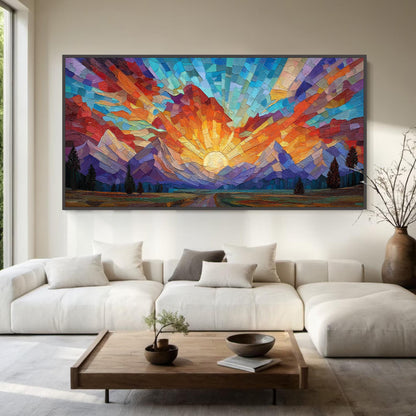 Mosaic Sunset Painting, Geometric Mountain – Orange and Red Sunset Geometric Wall Art | Painting, view 1