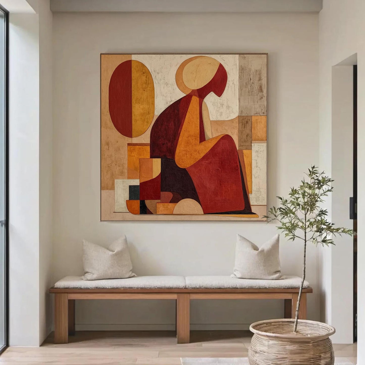 Abstract Woman Figure Painting, Geometric Earth Tone Canvas Art, Bohemian Living Room Decor – Terracotta and Red Figurative F