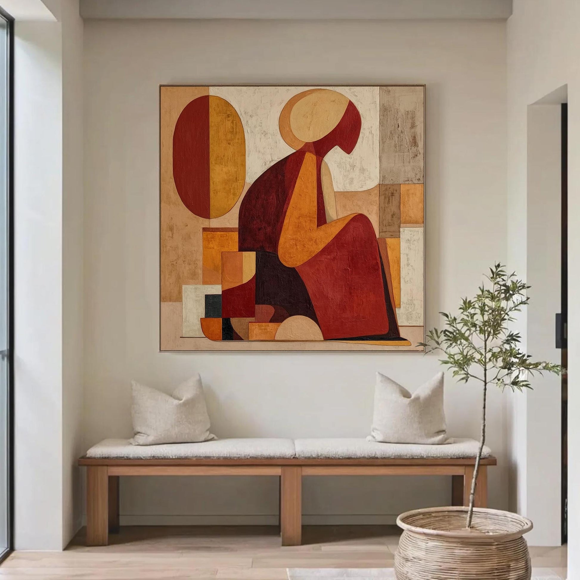 Abstract Woman Figure Painting, Geometric Earth Tone Canvas Art, Bohemian Living Room Decor – Terracotta and Red Figurative F