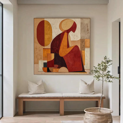 Abstract Woman Figure Painting, Geometric Earth Tone Canvas Art, Bohemian Living Room Decor – Terracotta and Red Figurative F