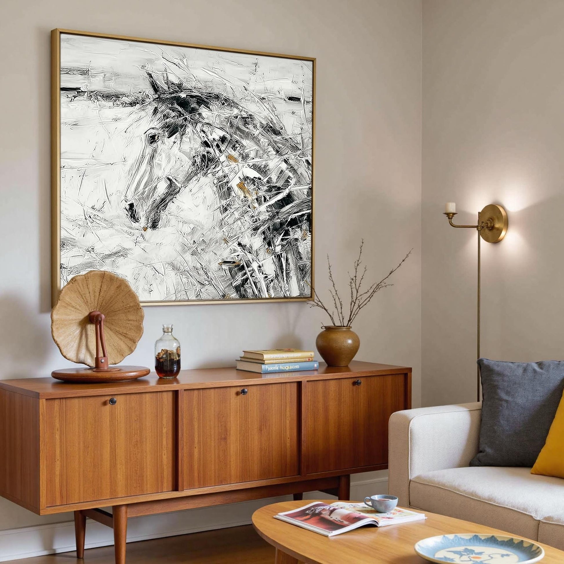 Abstract Horse Painting, Black White Equestrian Art, Framed Canvas – Gold and Black Horse Animal Wall Art | Abstract Painting