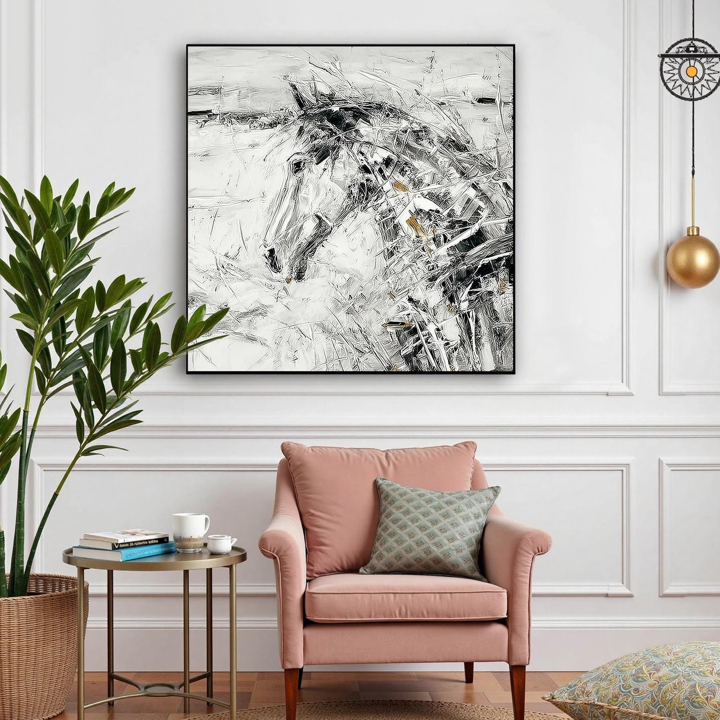 Abstract Horse Animal Wall Art – Black and White Equestrian Painting