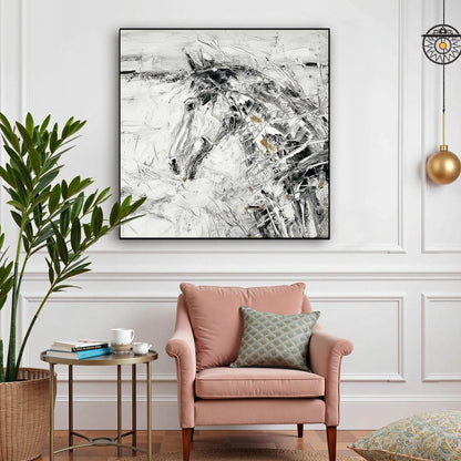 Abstract Horse Animal Wall Art – Black and White Equestrian Painting