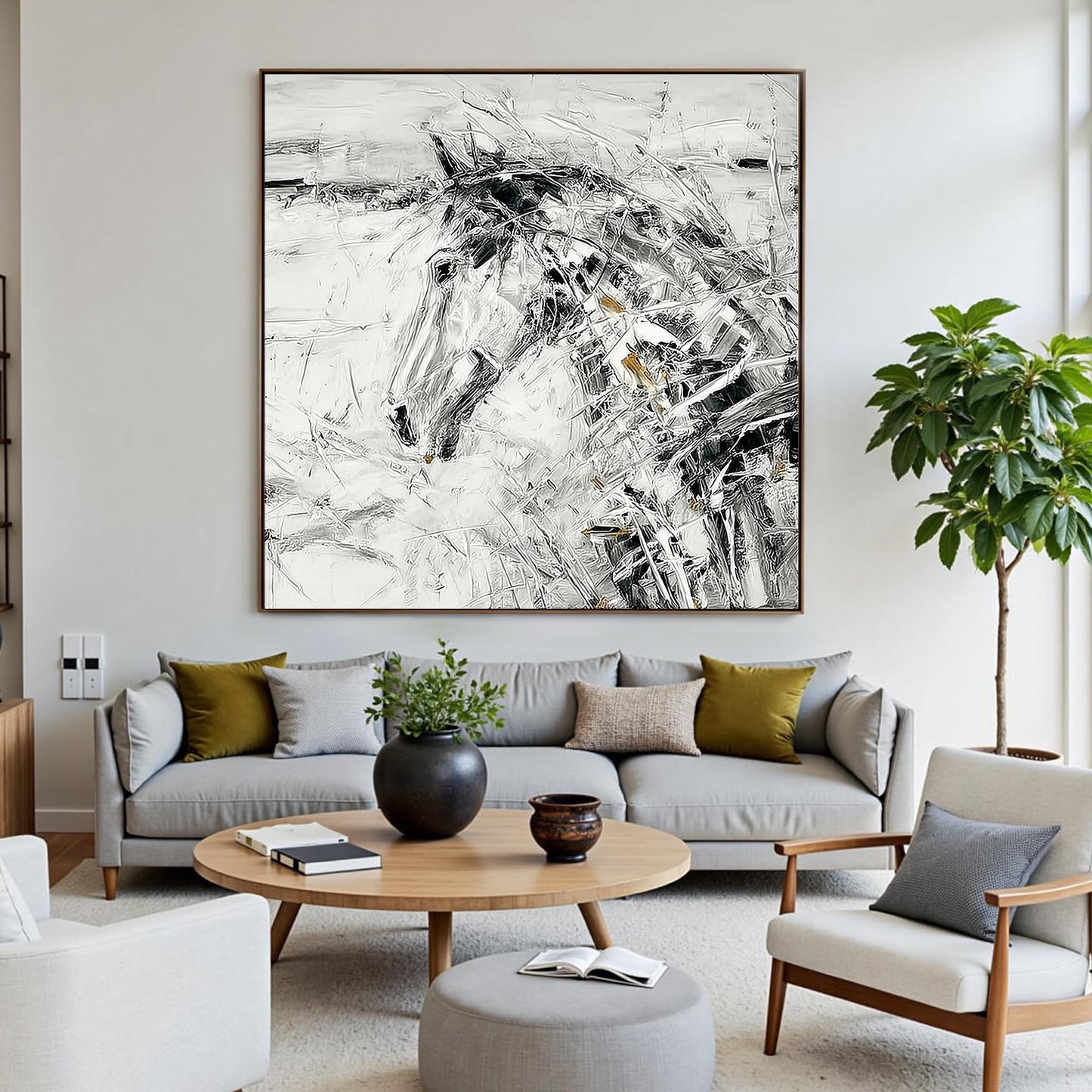 Abstract Horse Painting, Black White Equestrian Art, Framed Canvas – Gold and Black Horse Animal Wall Art | Abstract Painting