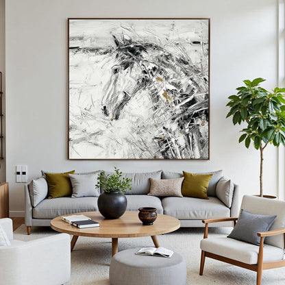 Abstract Horse Painting, Black White Equestrian Art, Framed Canvas – Gold and Black Horse Animal Wall Art | Abstract Painting
