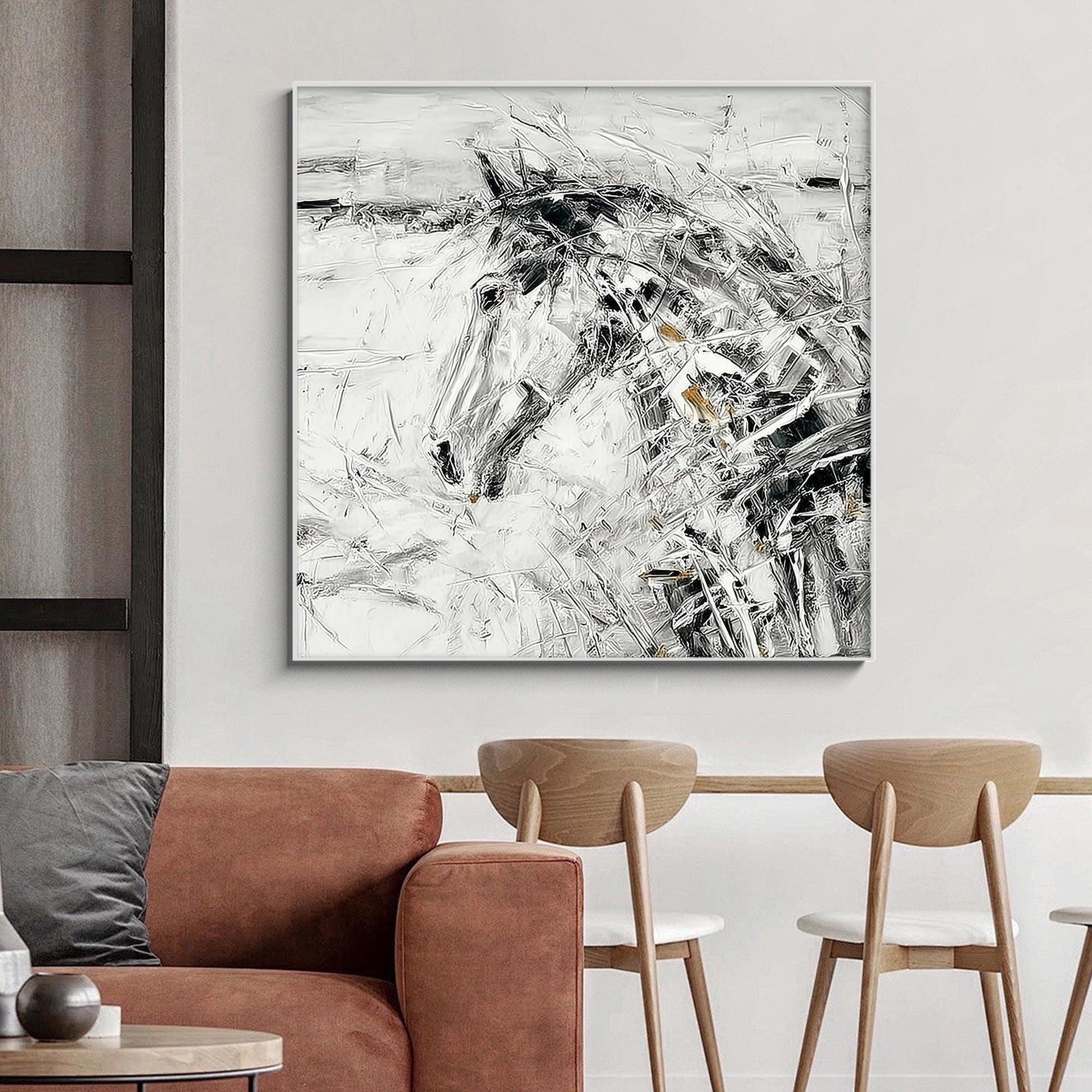 Abstract Horse Painting, Black White Equestrian Art, Framed Canvas – Gold and Black Horse Animal Wall Art | Abstract Painting