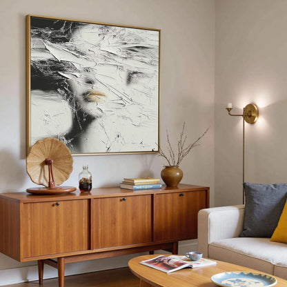Abstract Woman Face Painting, Textured Black White Canvas, Modern Minimalist Wall Art, Gold Lips – Gold and Black Figurative 
