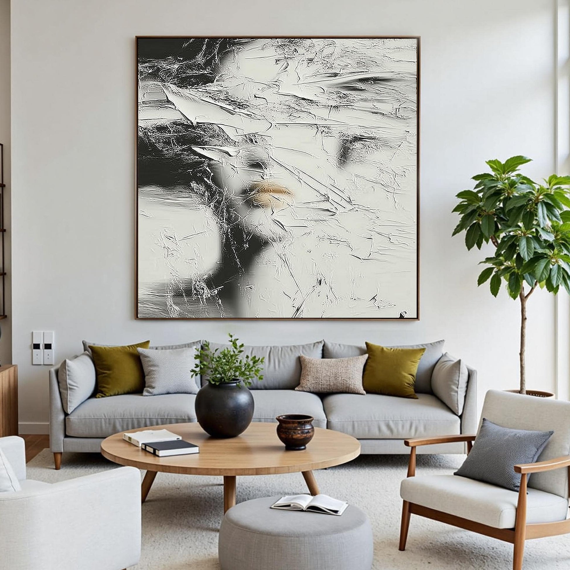 Abstract Woman Face Painting, Textured Black White Canvas, Modern Minimalist Wall Art, Gold Lips – Gold and Black Figurative 