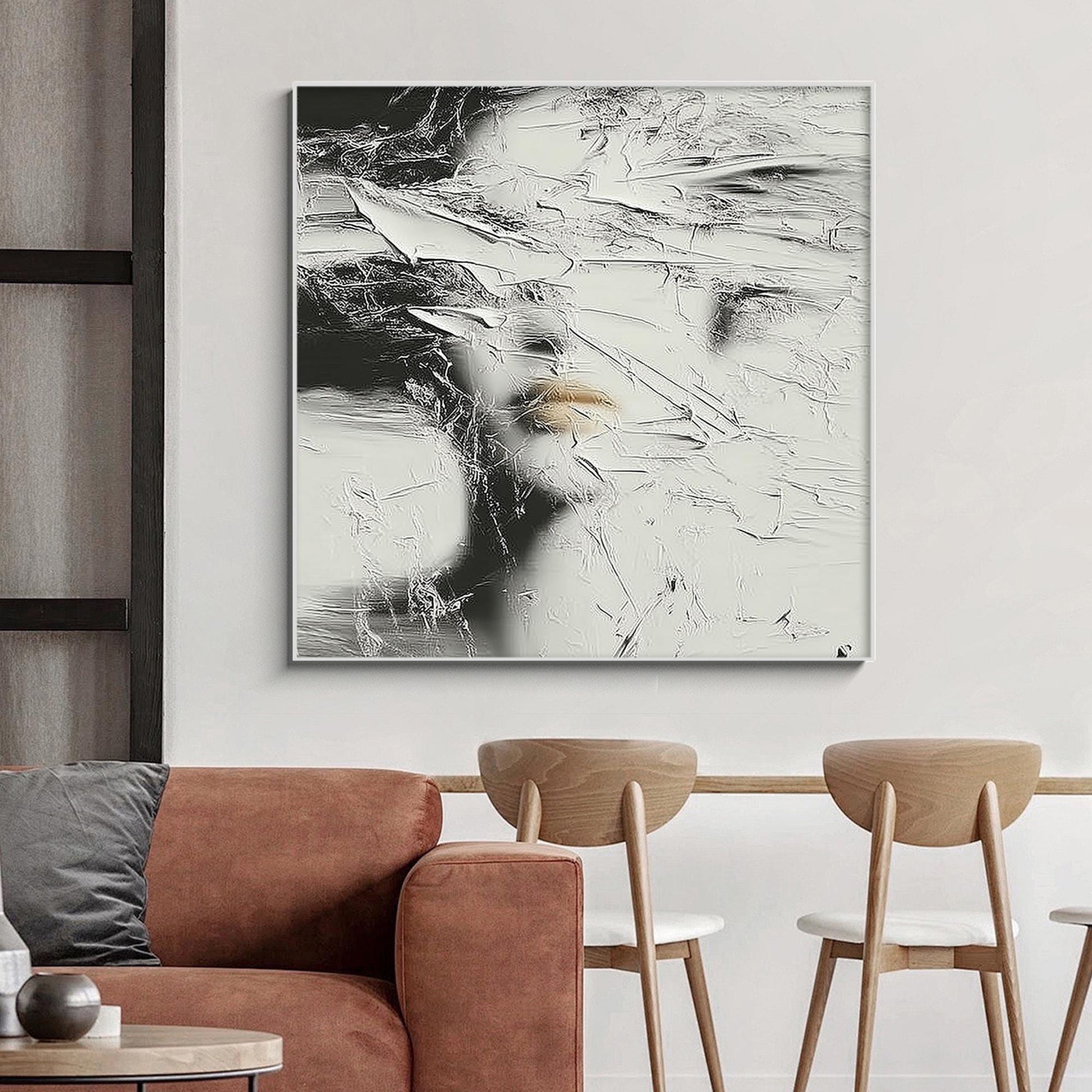 Abstract Woman Face Painting, Textured Black White Canvas, Modern Minimalist Wall Art, Gold Lips – Gold and Black Figurative 