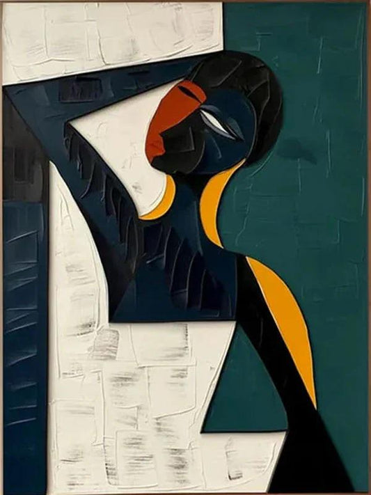 May include: Abstract painting featuring a stylized figure with a dark blue body, orange lips, and a yellow neck. The background is divided into white, dark blue, and teal green sections, with a textured brushstroke effect.