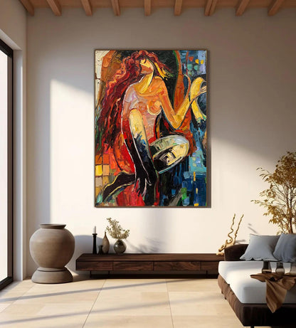 Large Abstract Lady and Violin Canvas Wall Art, Hand-painted Woman Figure Oil Painting on Canvas, Modern Textured Wall Art for Living Room