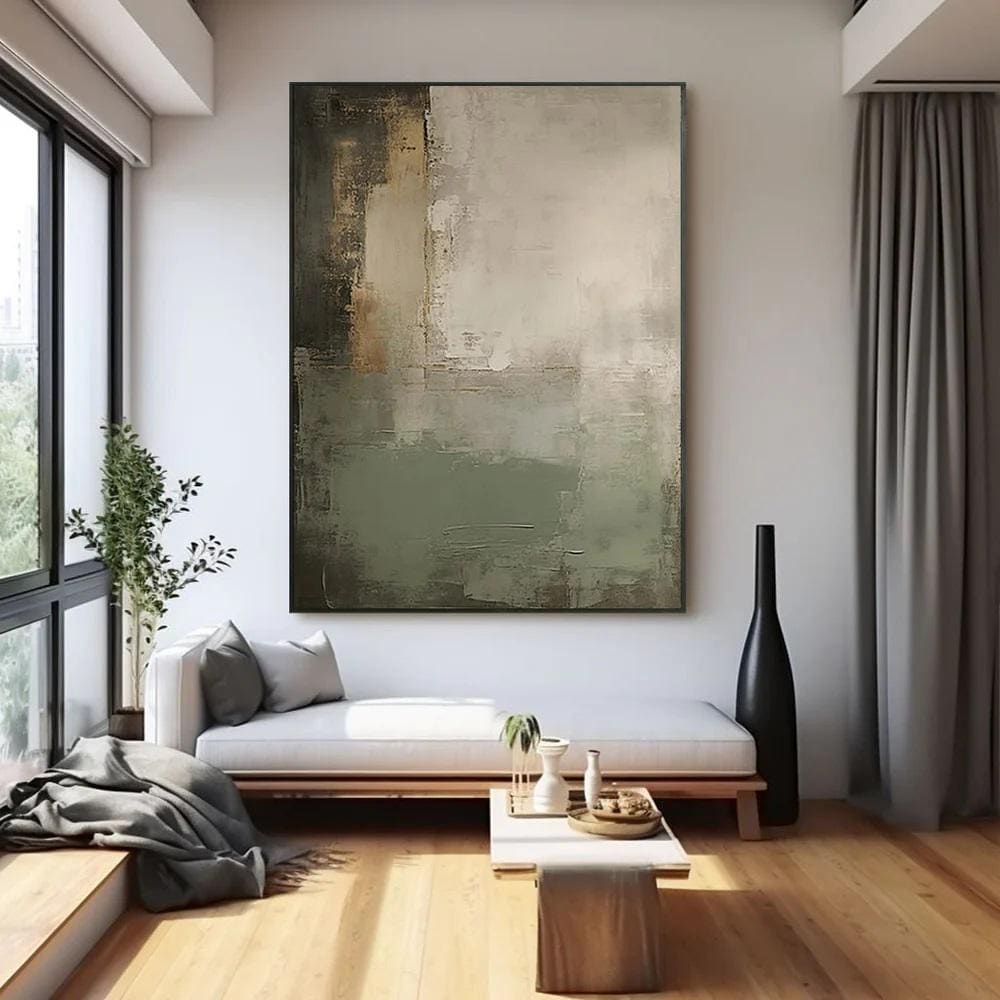 Green and Grey Abstract Oil Painting on Canvas, Original Hand-painted Canvas Wall Art, Modern Textured Wall Art for Living Room, Home Decor