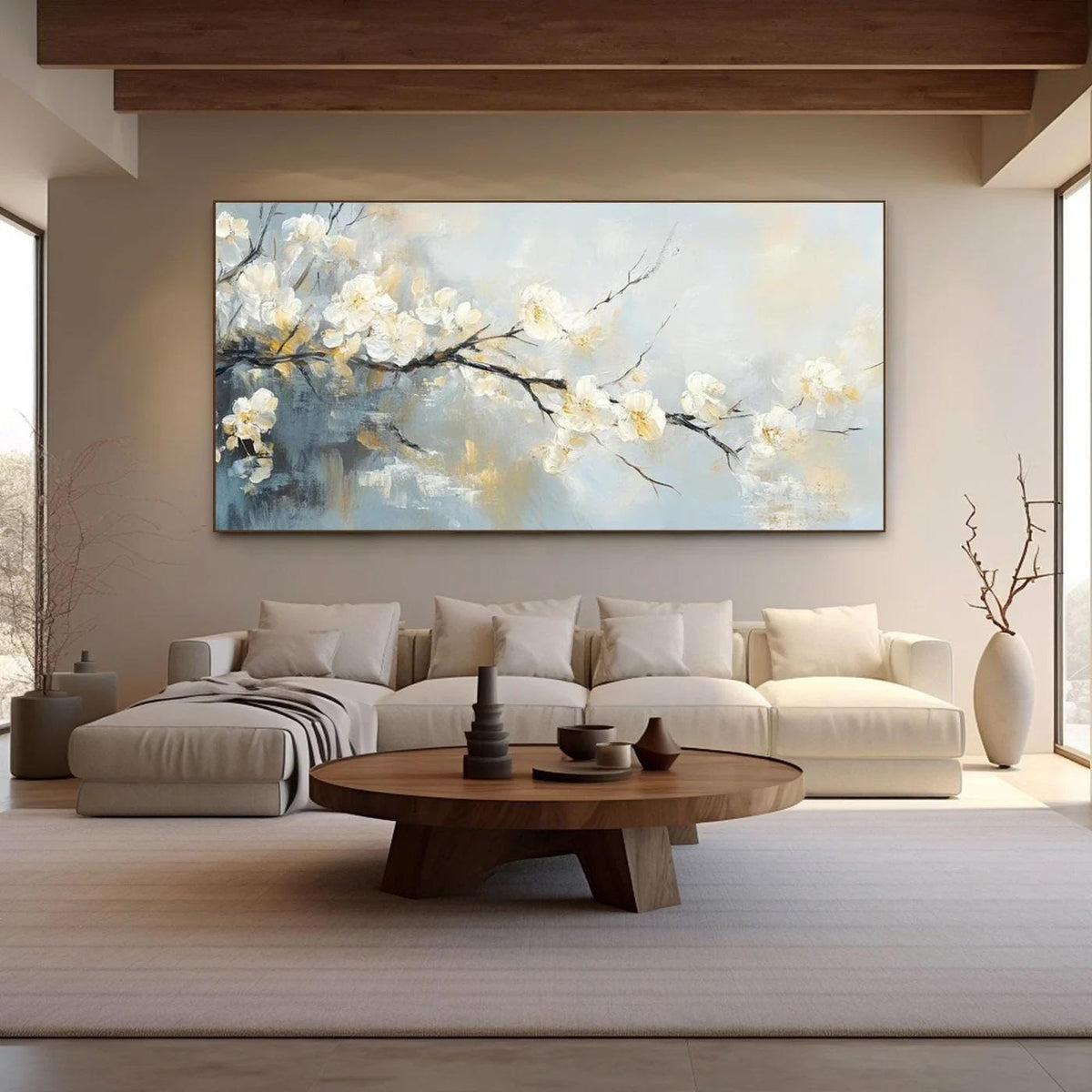 May include: Large rectangular canvas art featuring a branch of white blossoms against a soft, abstract background of blues and yellows. The painting is displayed above a cream-colored sectional sofa in a modern living room setting.