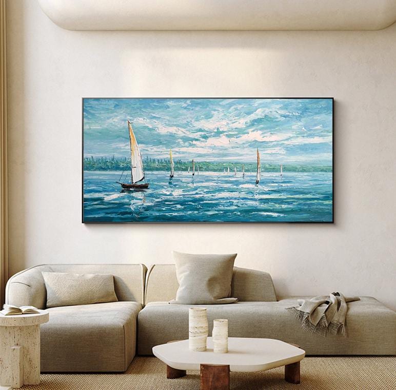 Abstract Seascape Oil Painting on Canvas, Large Original Sailboats Canvas Wall Art, Nautical Wall Art, Modern Ocean Wall Art for Living Room