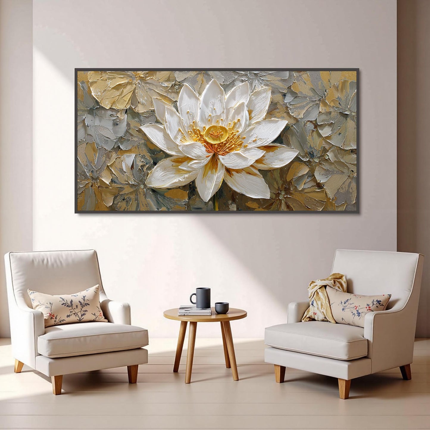 Gold and White Impasto Lotus Floral Wall Art Painting