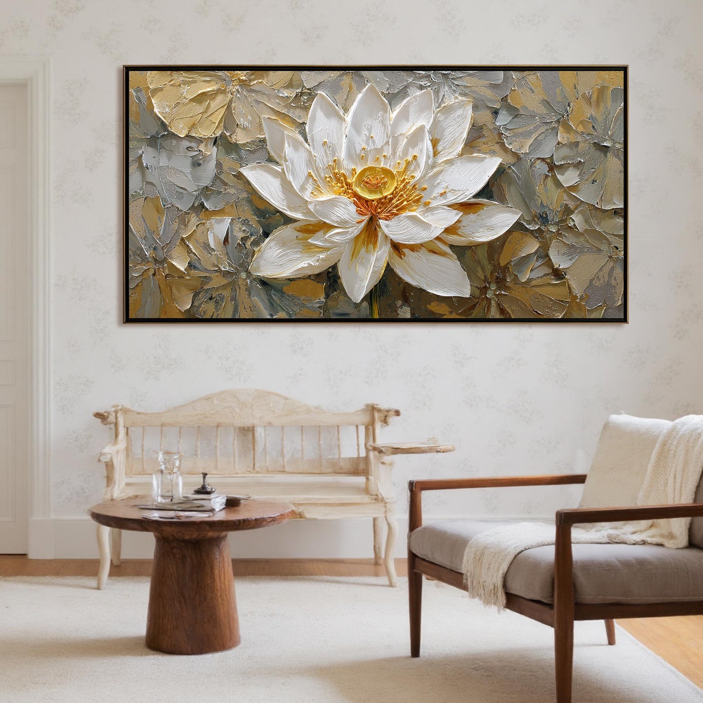 3D Textured Lotus Painting, Gold Accents, Impasto Floral Canvas Art – Gold and White Lotus Floral Wall Art | Impasto Painting