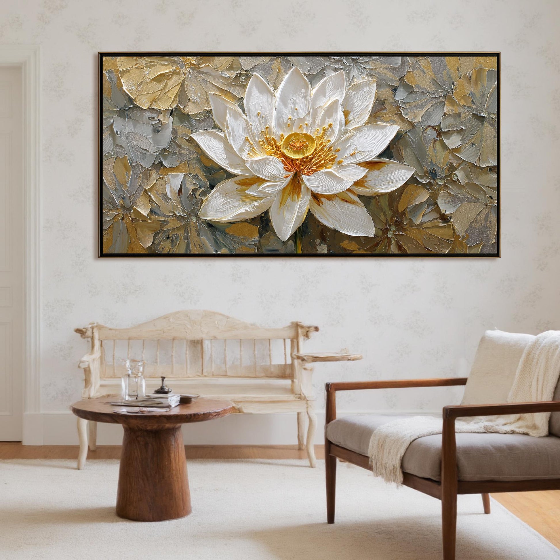 3D Textured Lotus Painting, Gold Accents, Impasto Floral Canvas Art – Gold and White Lotus Floral Wall Art | Impasto Painting