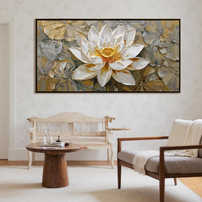 3D Textured Lotus Painting, Gold Accents, Impasto Floral Canvas Art – Gold and White Lotus Floral Wall Art | Impasto Painting