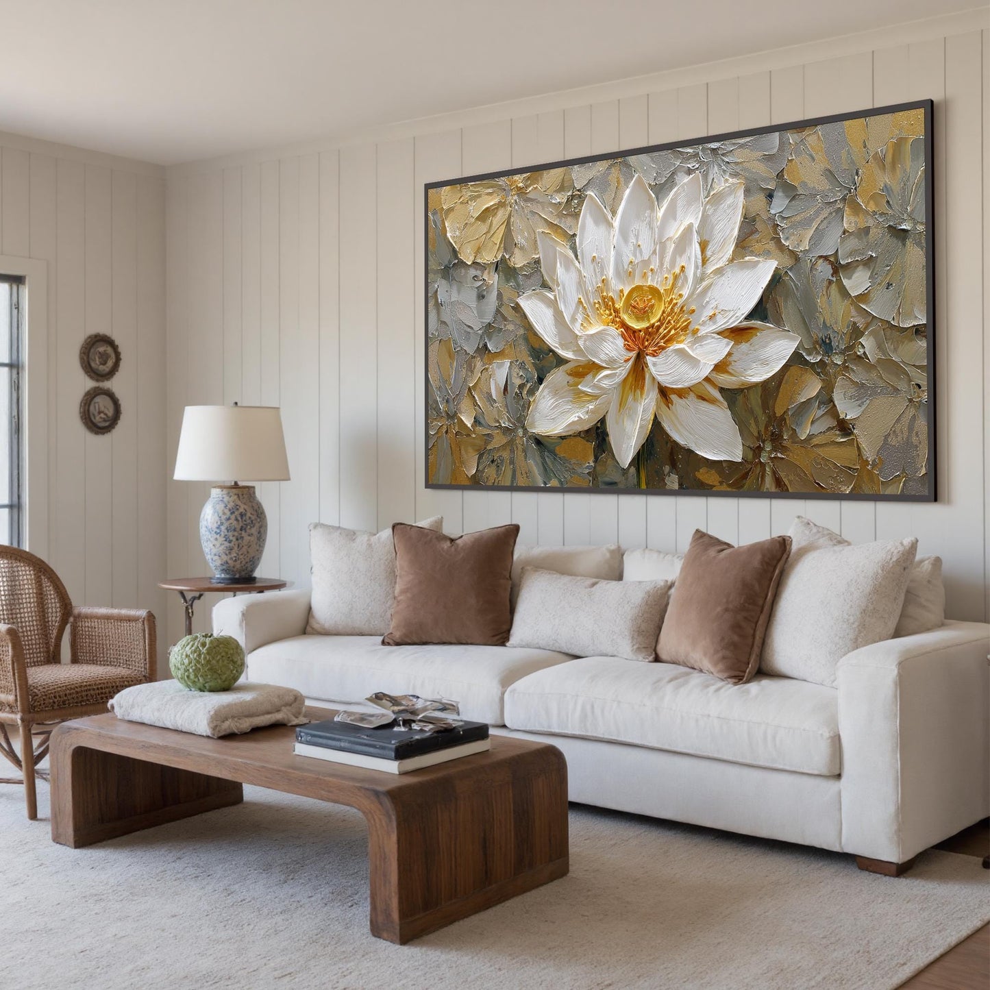 3D Textured Lotus Painting, Gold Accents, Impasto Floral Canvas Art – Gold and White Lotus Floral Wall Art | Impasto Painting
