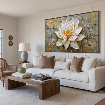 3D Textured Lotus Painting, Gold Accents, Impasto Floral Canvas Art – Gold and White Lotus Floral Wall Art | Impasto Painting