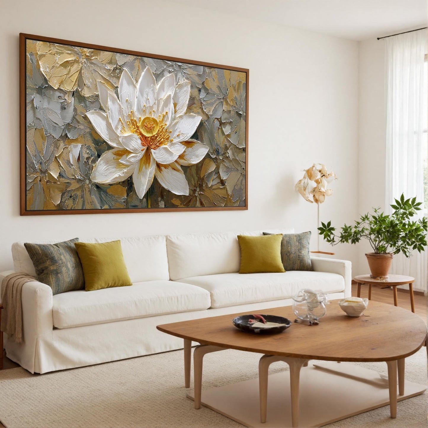 3D Textured Lotus Painting, Gold Accents, Impasto Floral Canvas Art – Gold and White Lotus Floral Wall Art | Impasto Painting