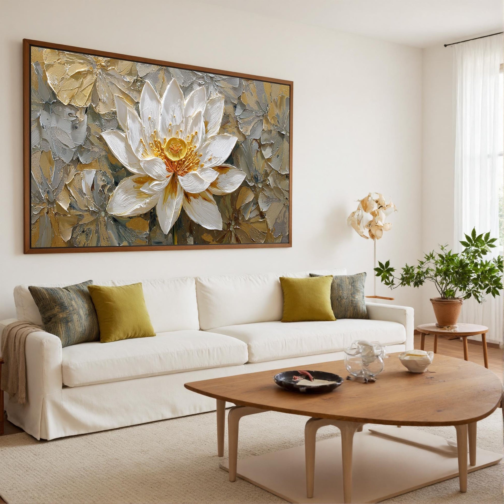 3D Textured Lotus Painting, Gold Accents, Impasto Floral Canvas Art – Gold and White Lotus Floral Wall Art | Impasto Painting