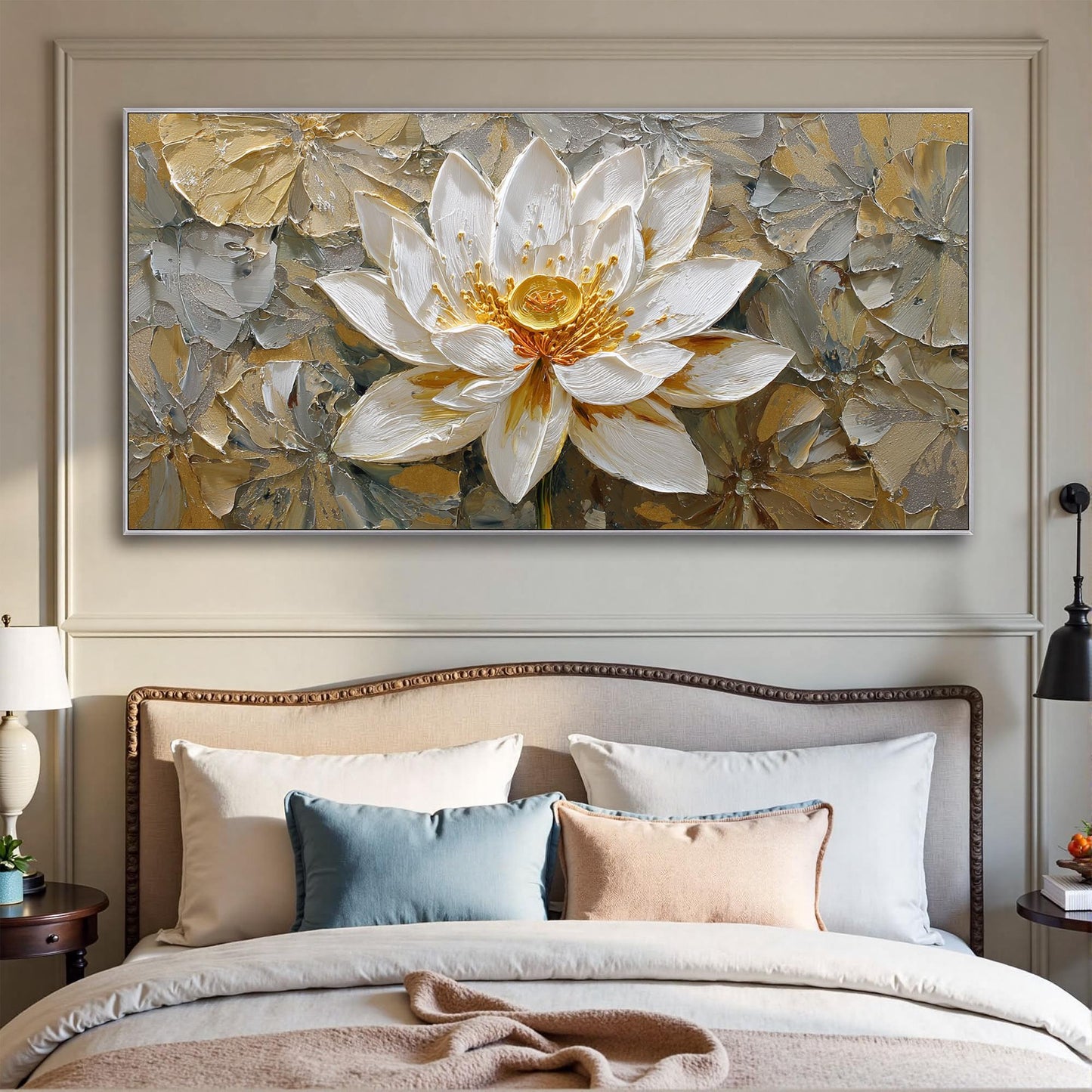 Gold and White Impasto Lotus Floral Wall Art Painting