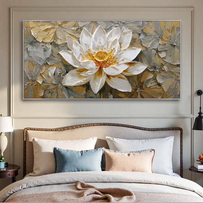 Gold and White Impasto Lotus Floral Wall Art Painting