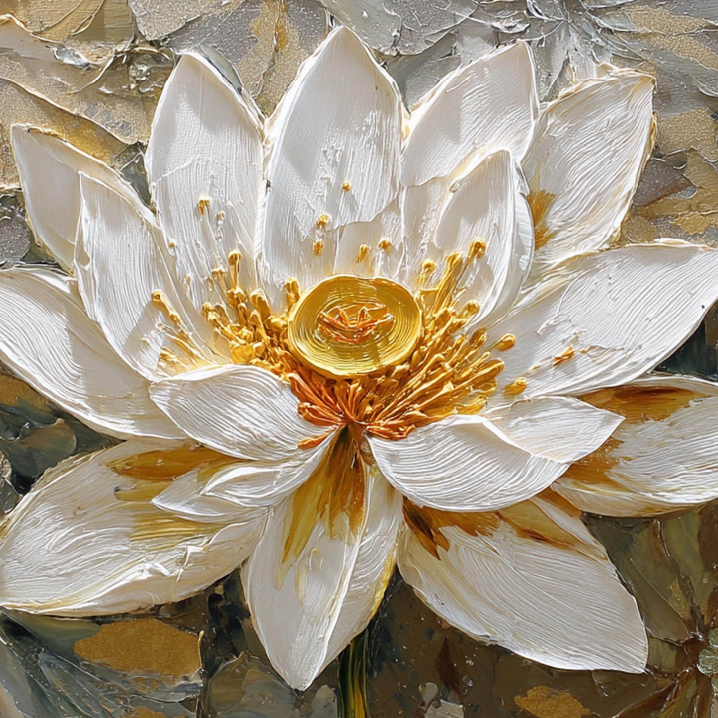 3D Textured Lotus Painting, Gold Accents, Impasto Floral Canvas Art – Gold and White Lotus Floral Wall Art | Impasto Painting