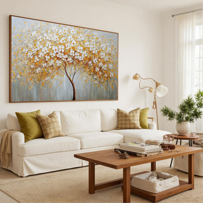 Large Textured Floral Tree Canvas Painting – Gold and White Floral Wall Art | Abstract Textured Hand-Painted Painting, view 4