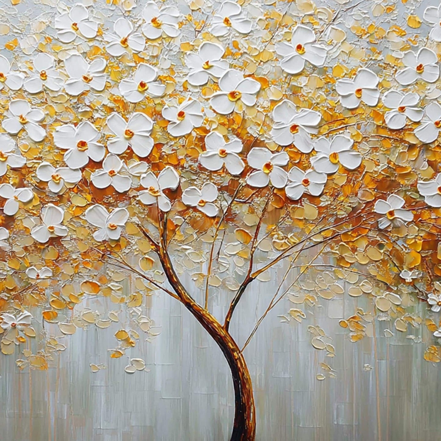 Large Textured Floral Tree Canvas Painting – Gold and White Floral Wall Art | Abstract Textured Hand-Painted Painting, view 3
