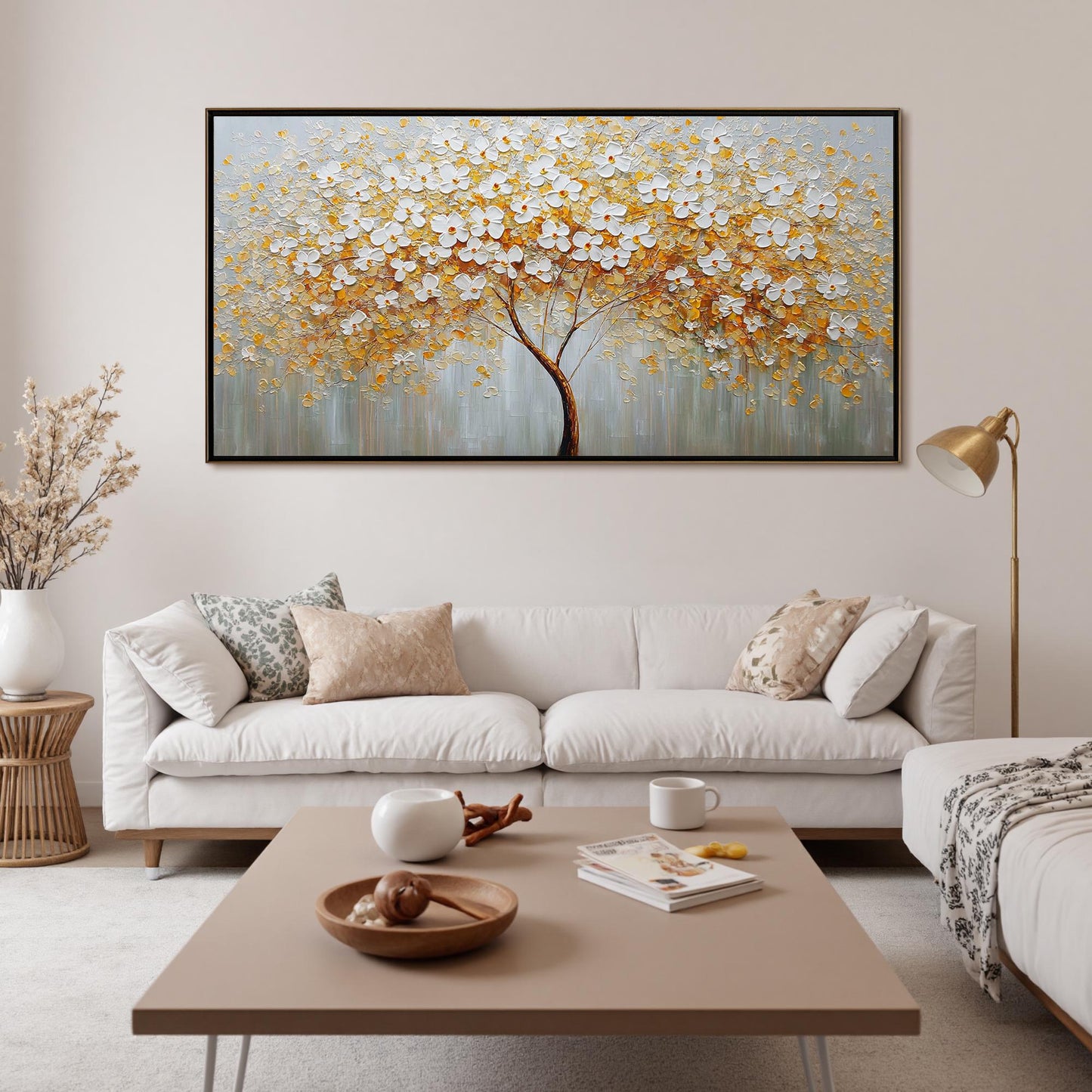 Large Textured Floral Tree Canvas Painting – Gold and White Floral Wall Art | Abstract Textured Hand-Painted Painting, view 2