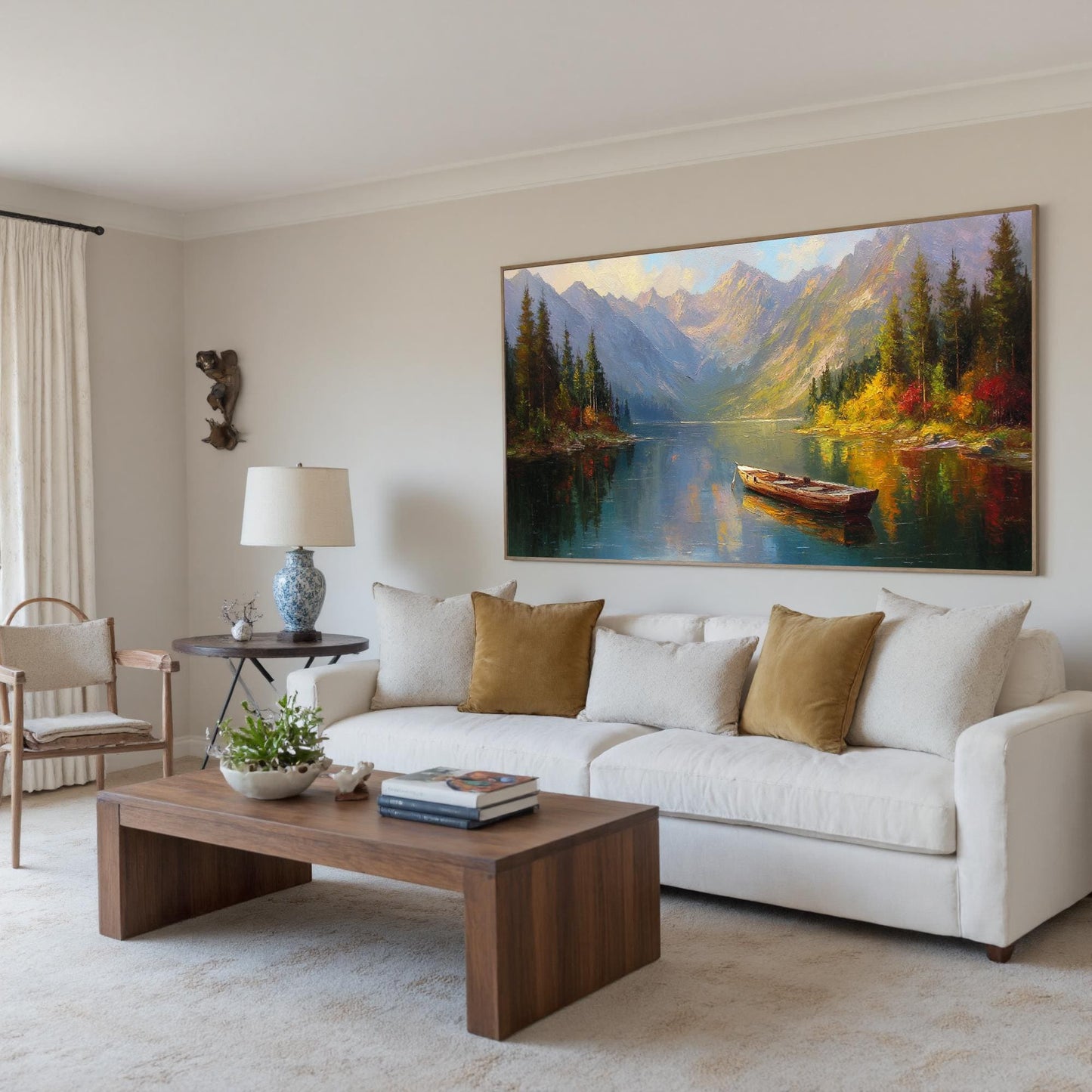 Hand-Painted Mountain Lake Canvas Art – Lake Landscape Wall Art | Abstract Hand-Painted Painting, view 5