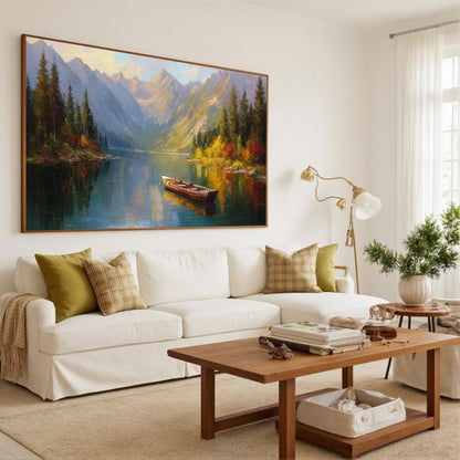 Hand-Painted Mountain Lake Canvas Art – Lake Landscape Wall Art | Abstract Hand-Painted Painting, view 4