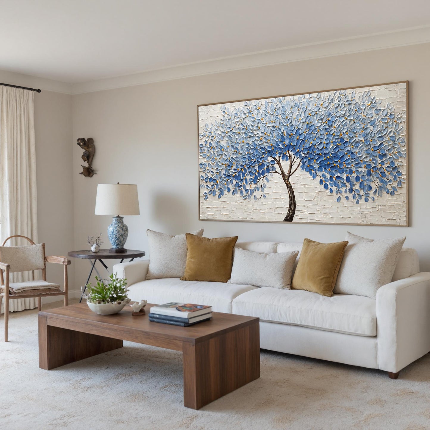 Blue Leaf Tree – Blue and Gold Botanical Leaf Wall Art | Impasto Painting, view 5