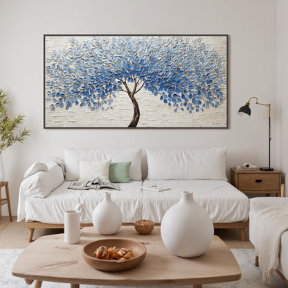Blue Leaf Tree – Blue and Gold Botanical Leaf Wall Art | Impasto Painting, view 1