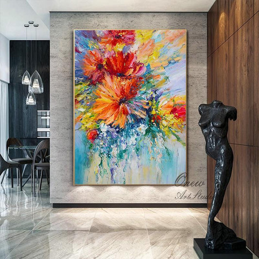 Large Abstract Flower Oil Painting on Canvas, Original Flower Canvas Wall Art, Modern Textured Floral Wall Art for Living Room, Home Décor