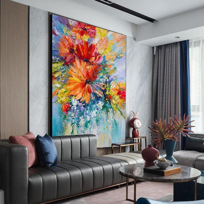 Large Abstract Flower Oil Painting on Canvas, Original Flower Canvas Wall Art, Modern Textured Floral Wall Art for Living Room, Home Décor