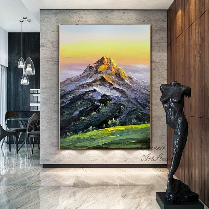 Original Mountain Oil Painting on Canvas, Large Abstract Landscape Canvas Wall Art, Golden Mountain Wall Art for Living Room, Home Décor