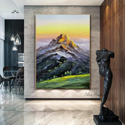 Original Mountain Oil Painting on Canvas, Large Abstract Landscape Canvas Wall Art, Golden Mountain Wall Art for Living Room, Home Décor